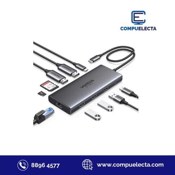 HUB TIPO C MULTI UGREEN 10 EN 1 HDMI VGA RJ45 USB 3.0 SD TF AUX PD100W 5GBPS 15601